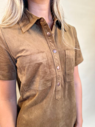 Brown suede mini dress with collar, front pockets short sleeve