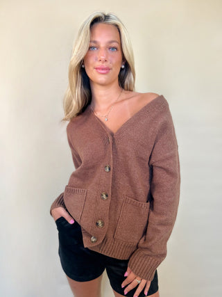 Theo cardigan - brown suede oversized sweater pockets 
