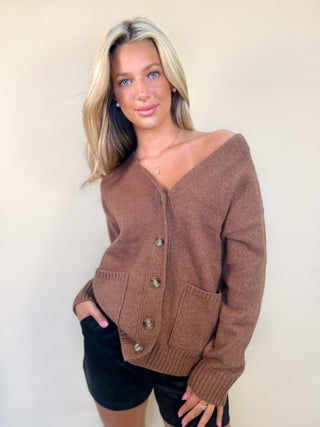 Theo cardigan - brown suede oversized sweater pockets