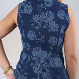 Floral denim vest-style top with tailored silhouette and sleeveless cut
