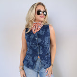 Sleeveless floral print denim vest top with button-up front and tailored fit