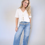 Women’s washed linen blend blouse with v-neck and bow tie front, lightweight spring top