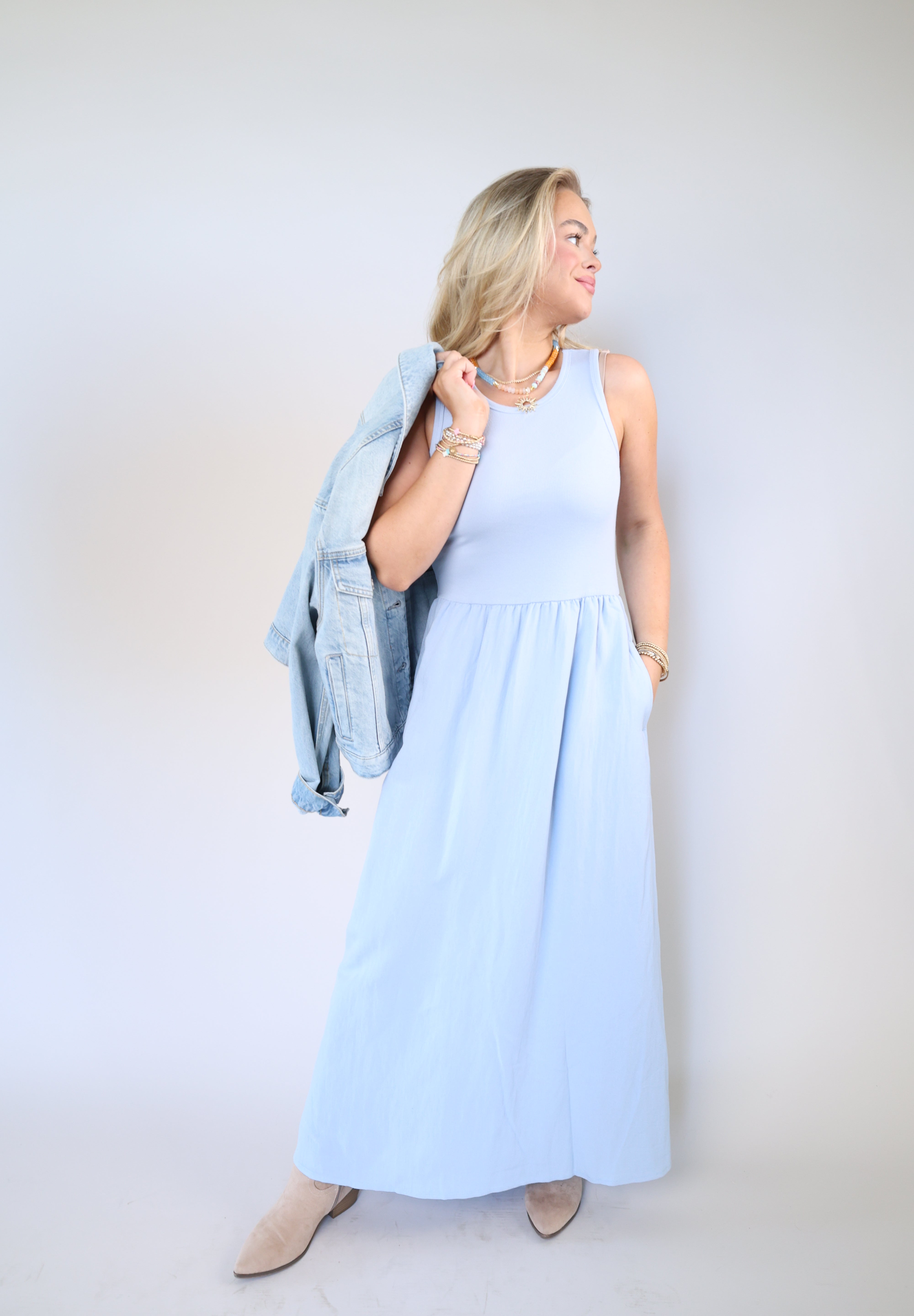 Effortless Z Supply midi dress with cotton-modal ribbed bodice and lightweight lined skirt, available at Shear Boutique