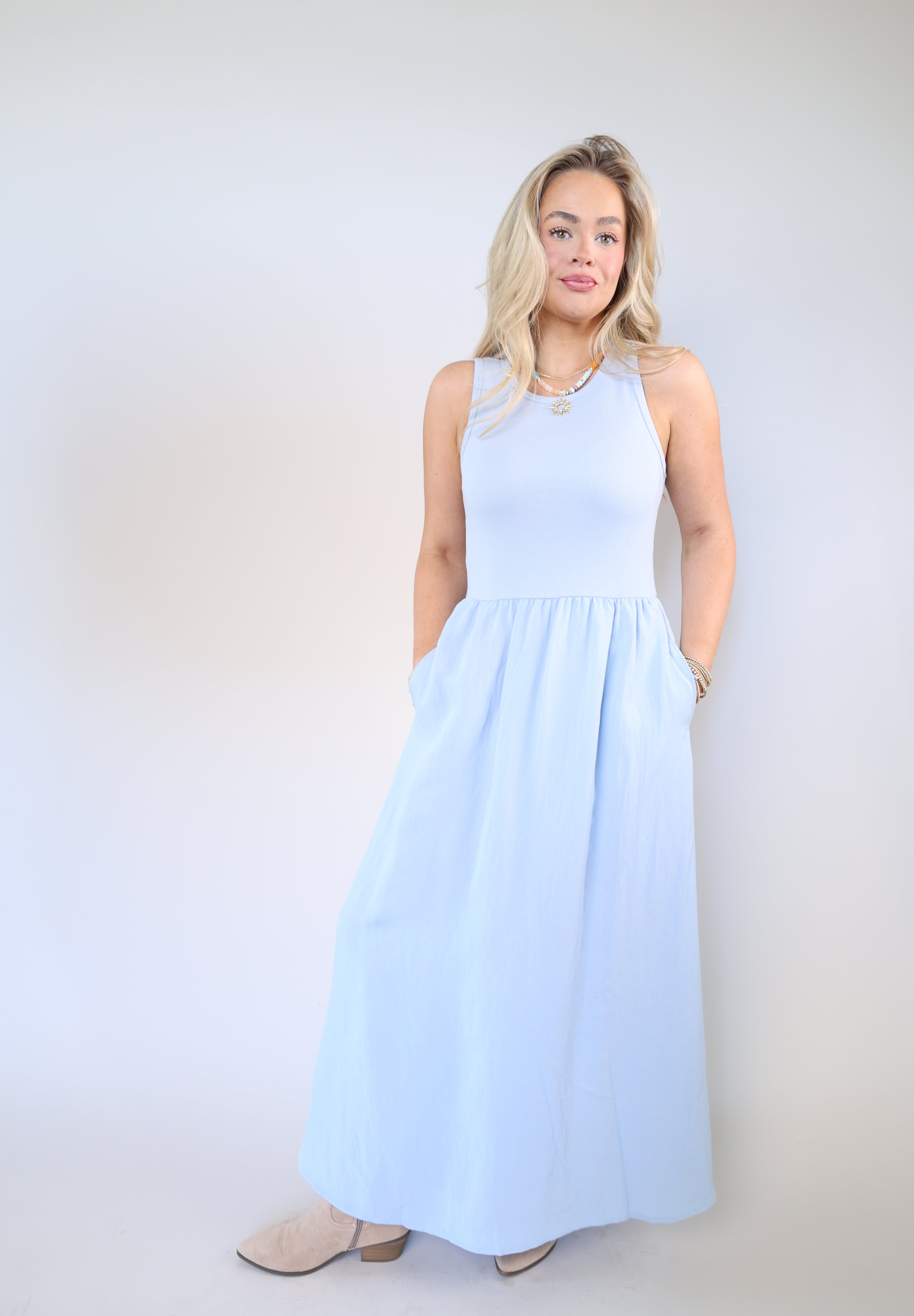 Sleeveless Z Supply midi dress from Shear Boutique with fitted ribbed top and airy rayon skirt, perfect spring throw-on-and-go dress