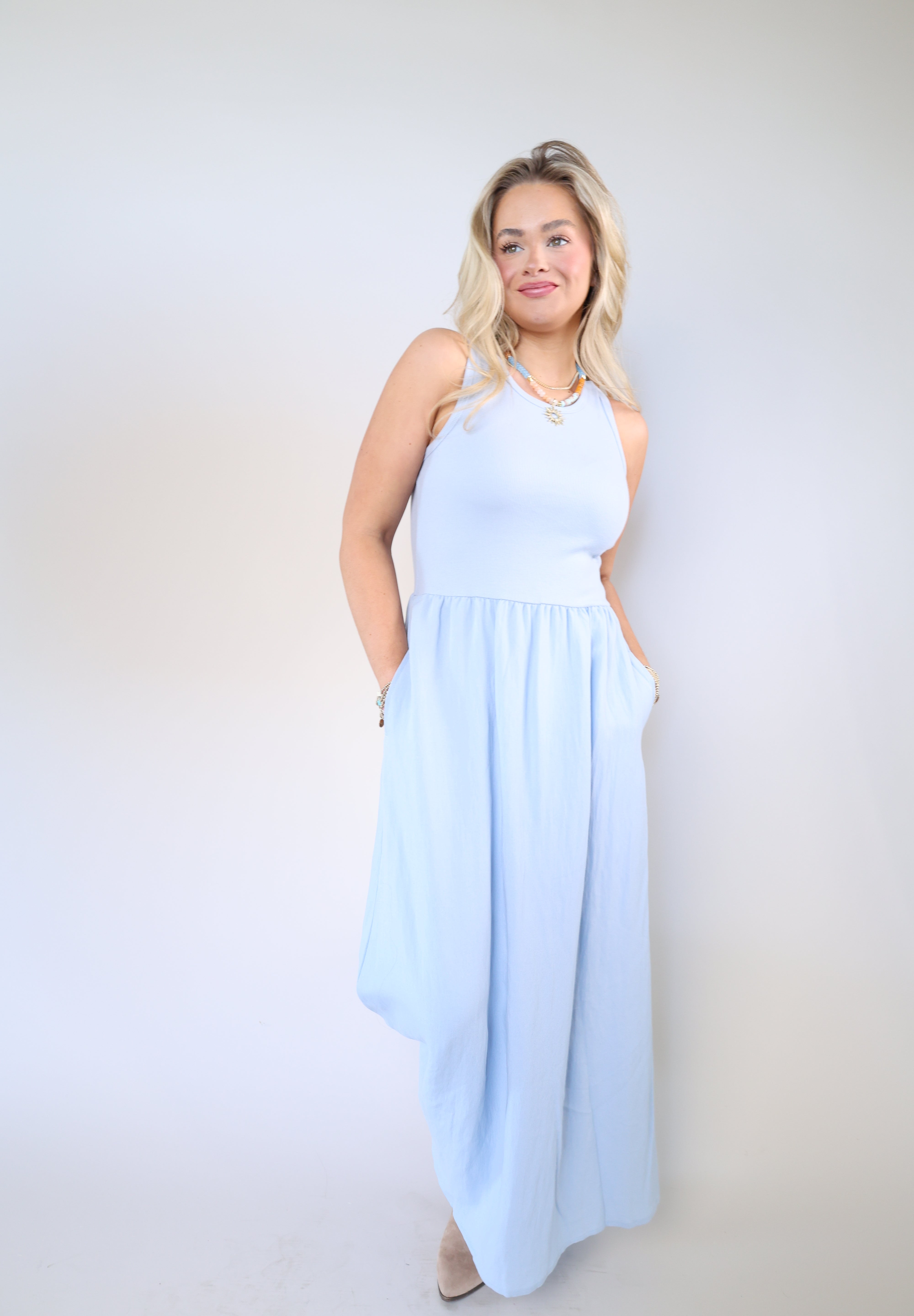 Sleeveless Z Supply midi dress from Shear Boutique with fitted ribbed top and airy rayon skirt, perfect spring throw-on-and-go dress