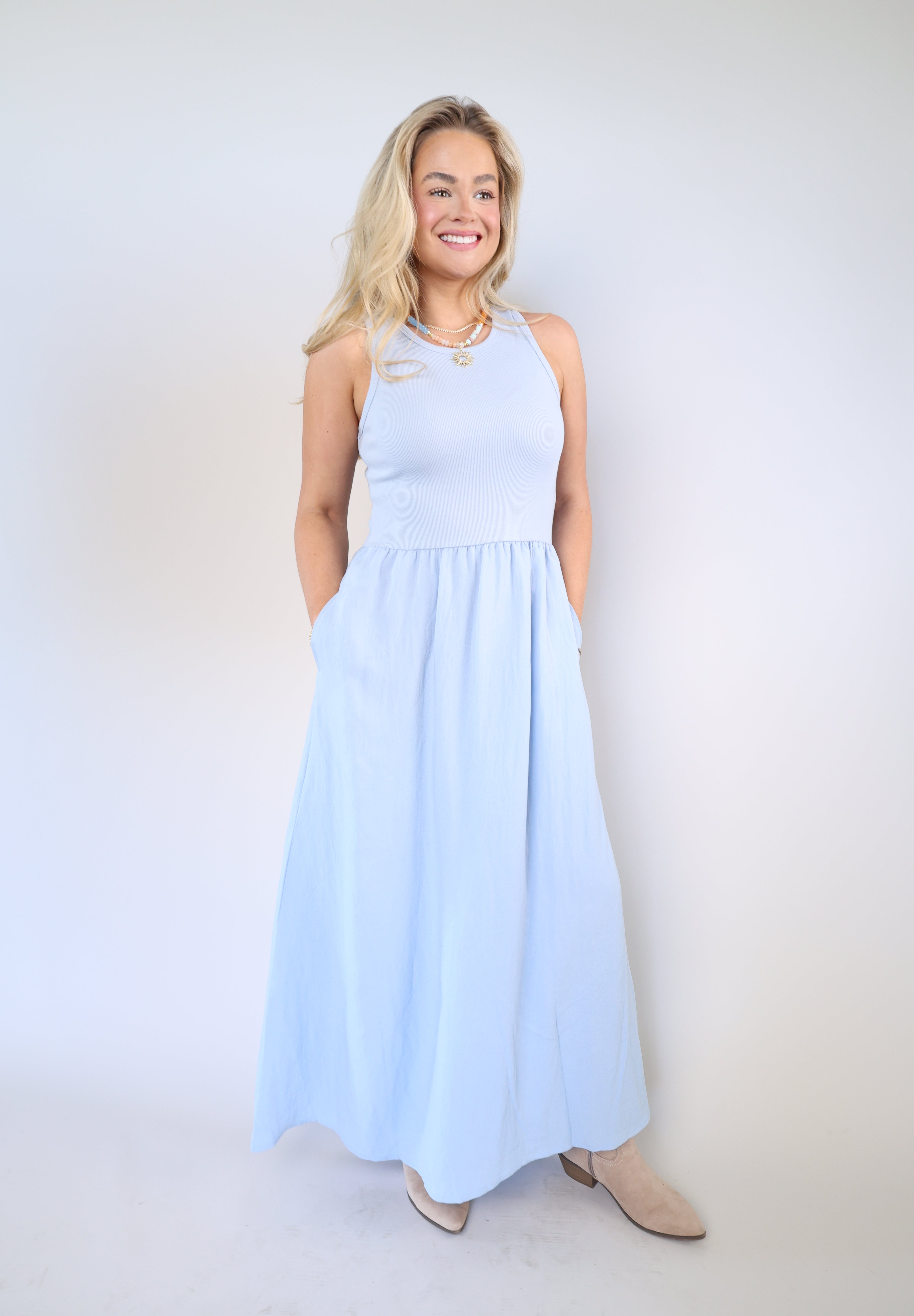 Z Supply Charlotte Midi Dress at Shear Boutique featuring ribbed cotton modal bodice and flowy textured skirt with pockets