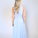 Z Supply Charlotte spring midi dress with high neckline, ribbed bodice, textured skirt and side pockets from Shear Boutique