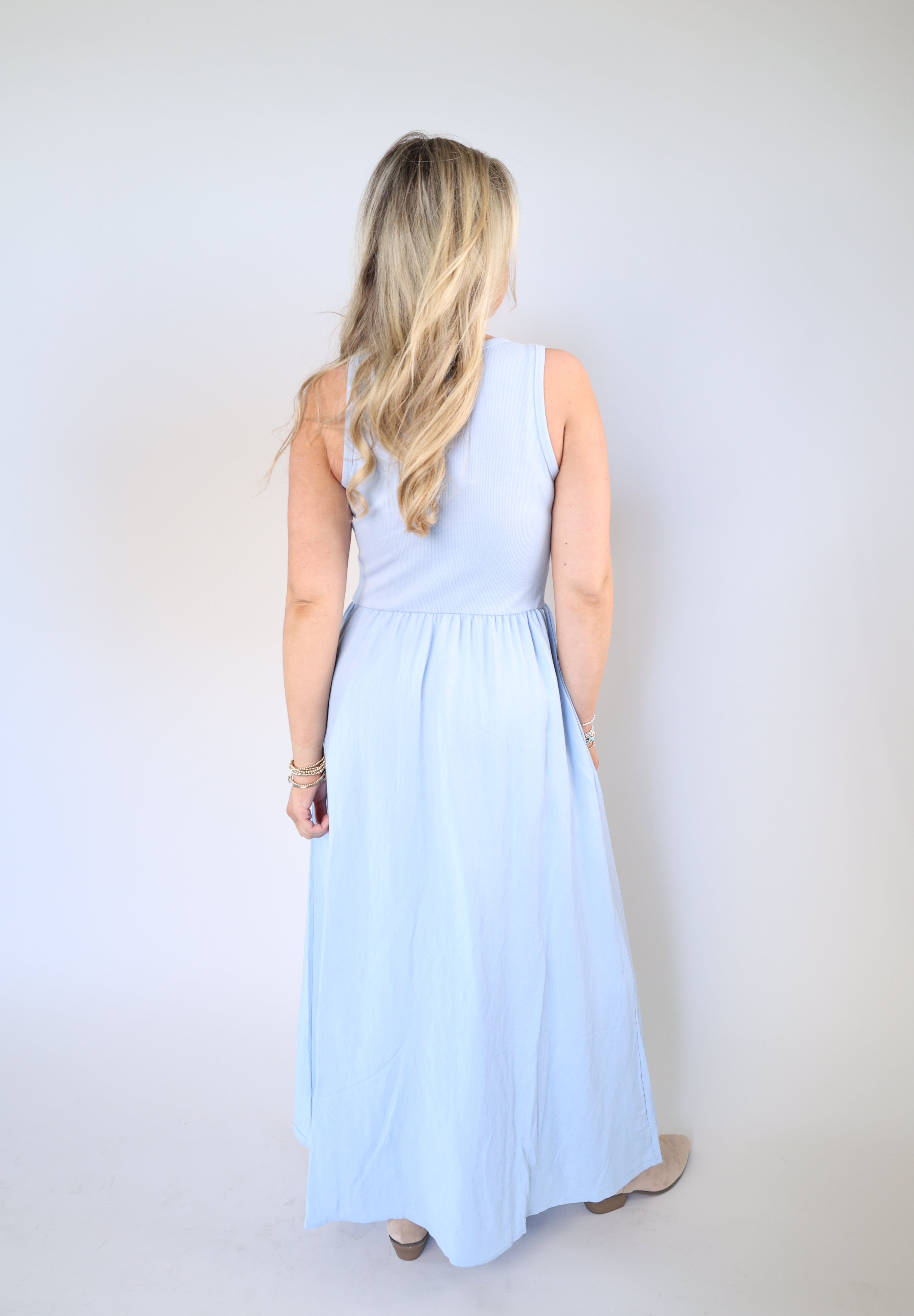 Z Supply Charlotte spring midi dress with high neckline, ribbed bodice, textured skirt and side pockets from Shear Boutique