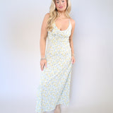 Faya Idra ditsy floral maxi dress with v-neckline and adjustable spaghetti straps, perfect spring brunch dress