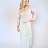 Coastal-inspired Z Supply oversized crewneck sweater in Natural Heather with Beach lettering from Shear Boutique