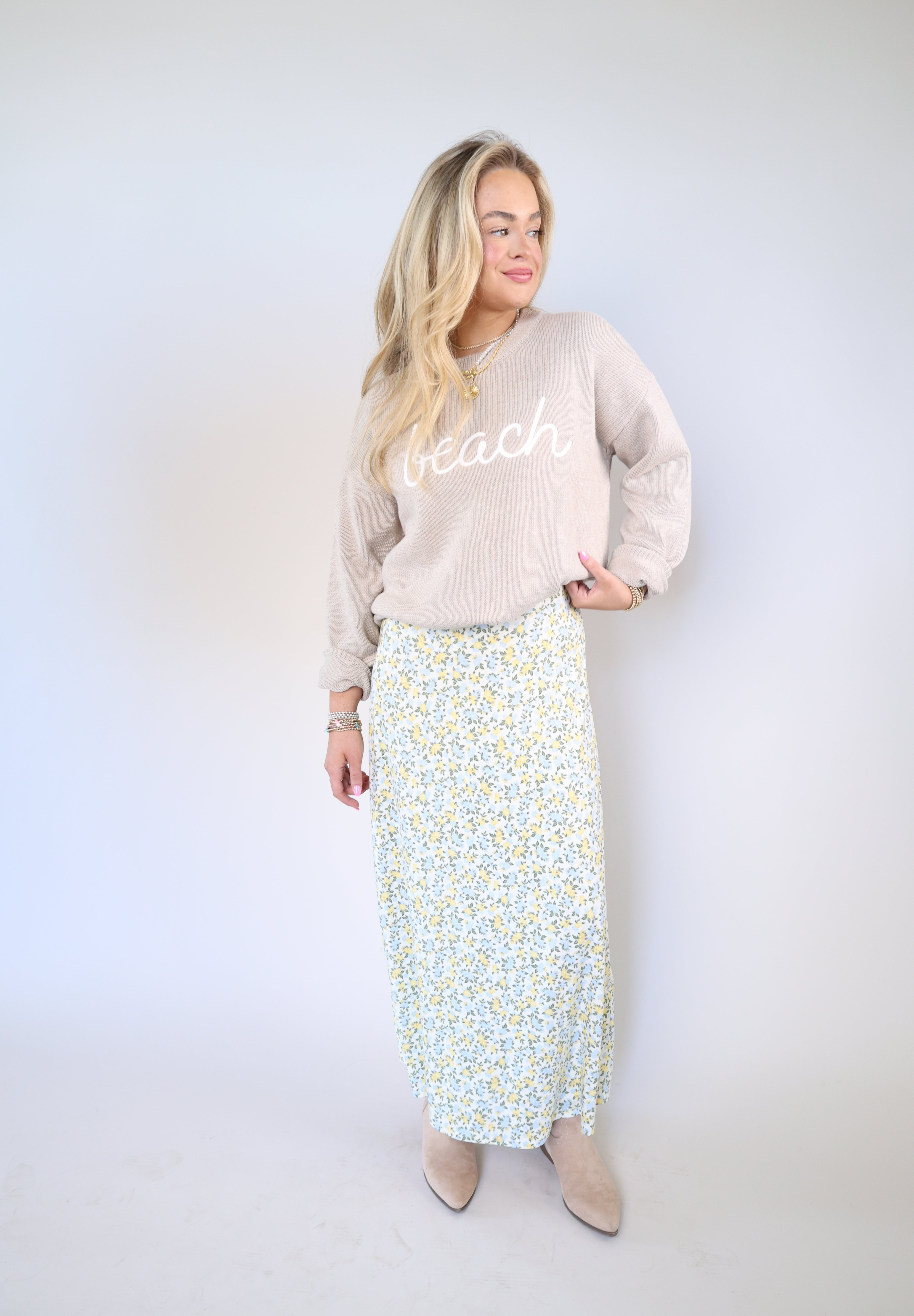 Coastal-inspired Z Supply oversized crewneck sweater in Natural Heather with Beach lettering from Shear Boutique