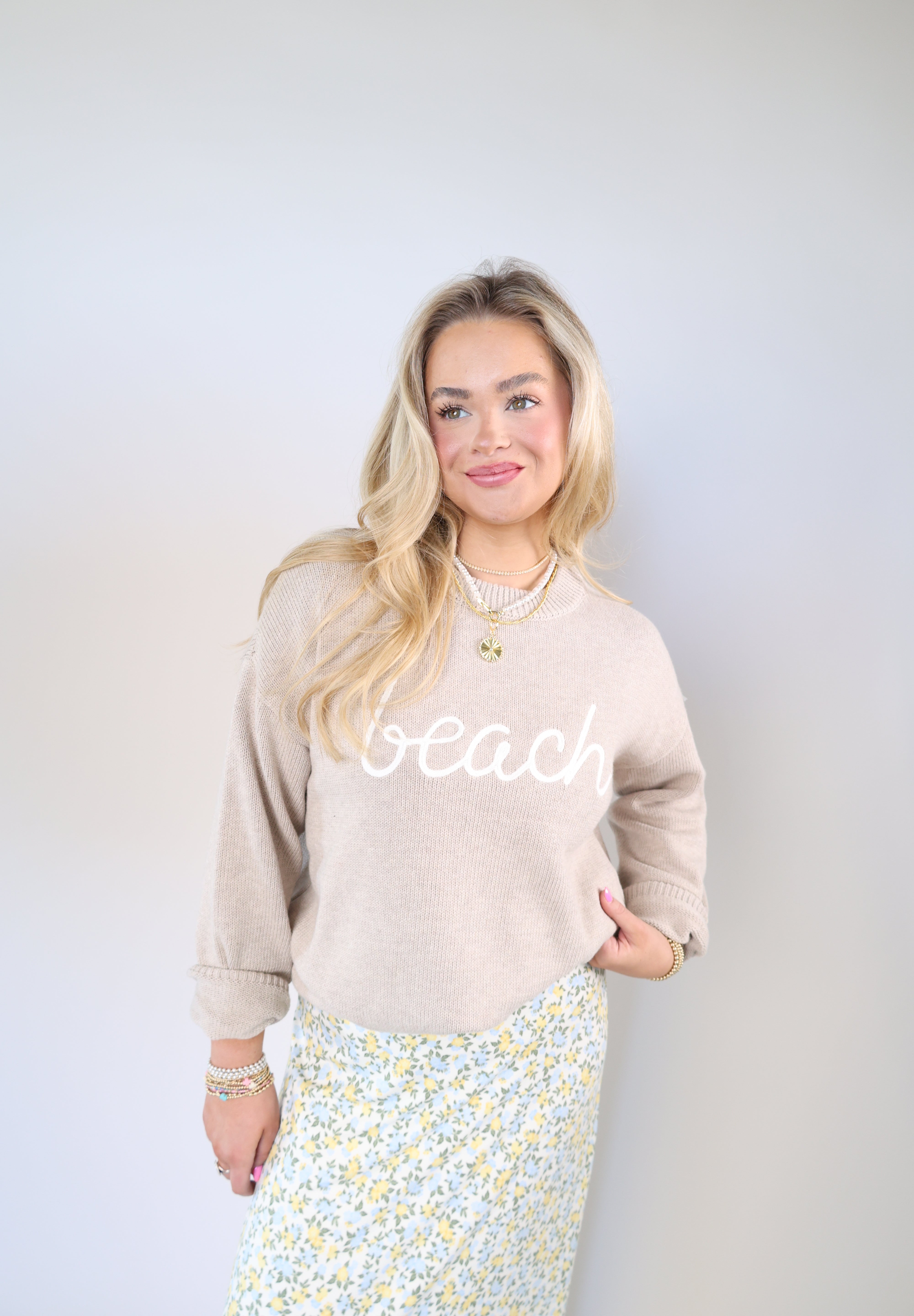 Natural Heather Z Supply Beach sweater with relaxed oversized fit and cotton crewneck design from Shear Boutique