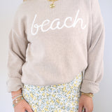 Z Supply Boyfriend Beach Sweater in Natural Heather at Shear Boutique featuring oversized fit and intarsia Beach lettering