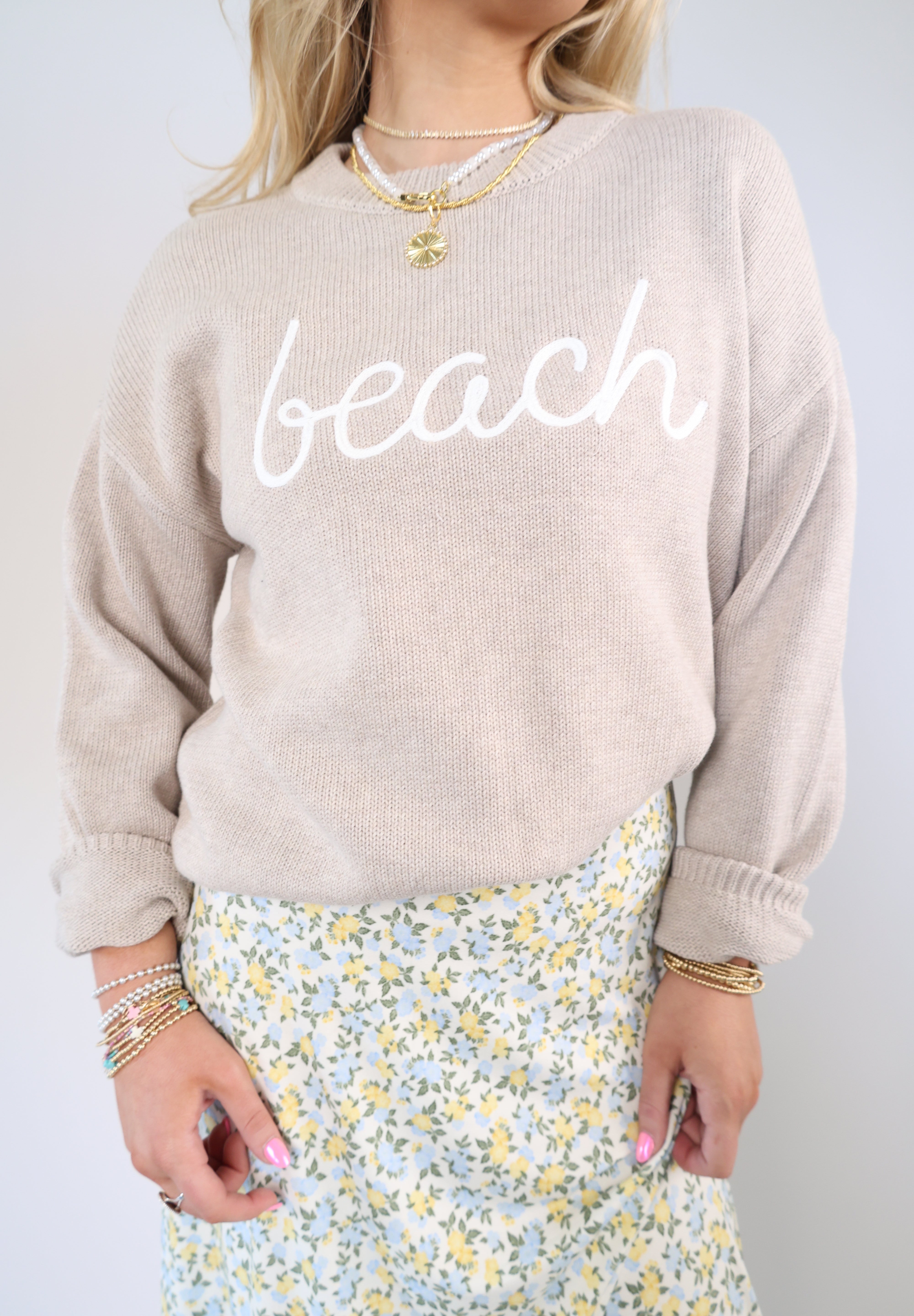 Z Supply Boyfriend Beach Sweater in Natural Heather at Shear Boutique featuring oversized fit and intarsia Beach lettering