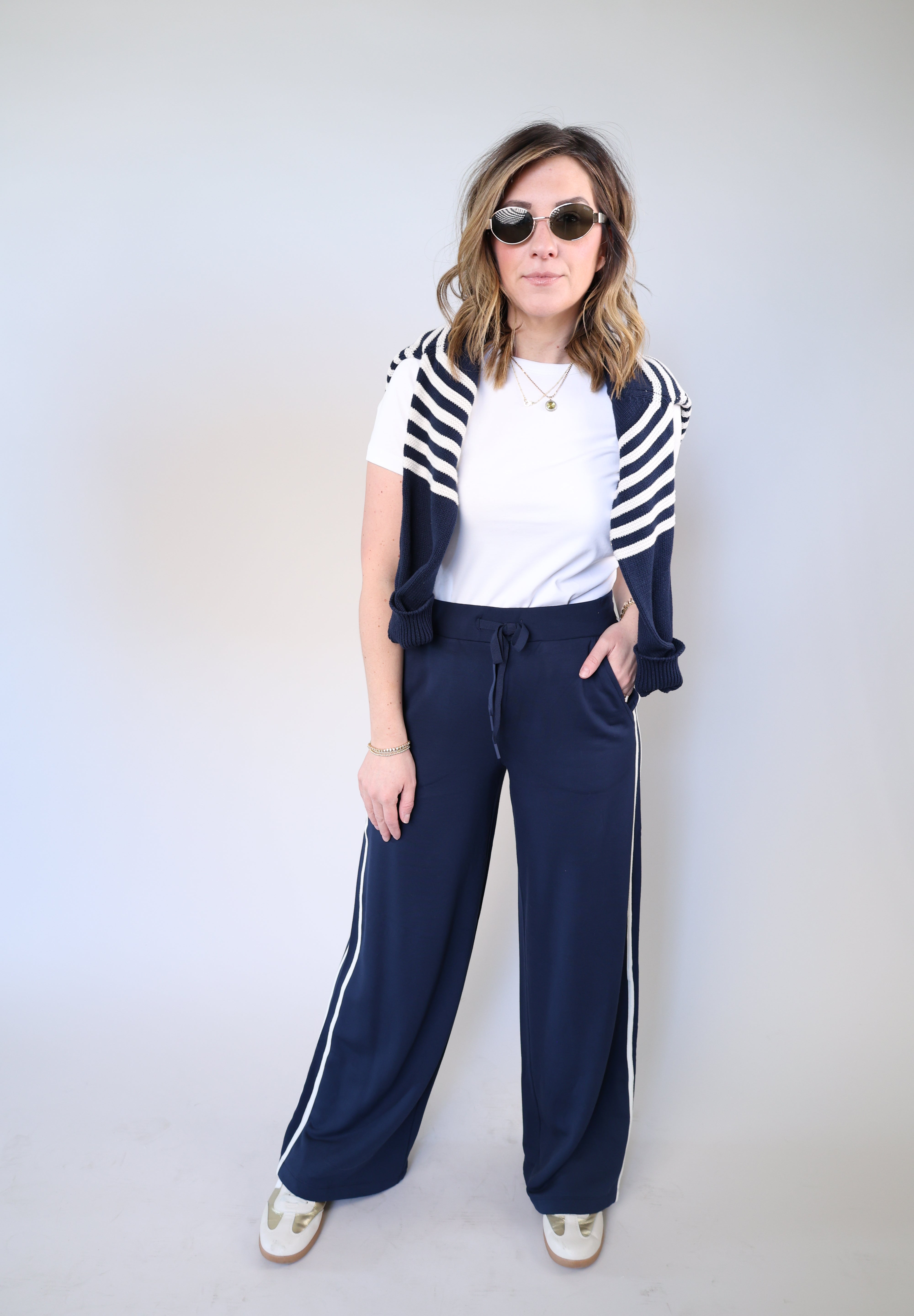 Z Supply elevated track pant designed with a high-rise fit, straight leg, and ultra-soft modal fleece