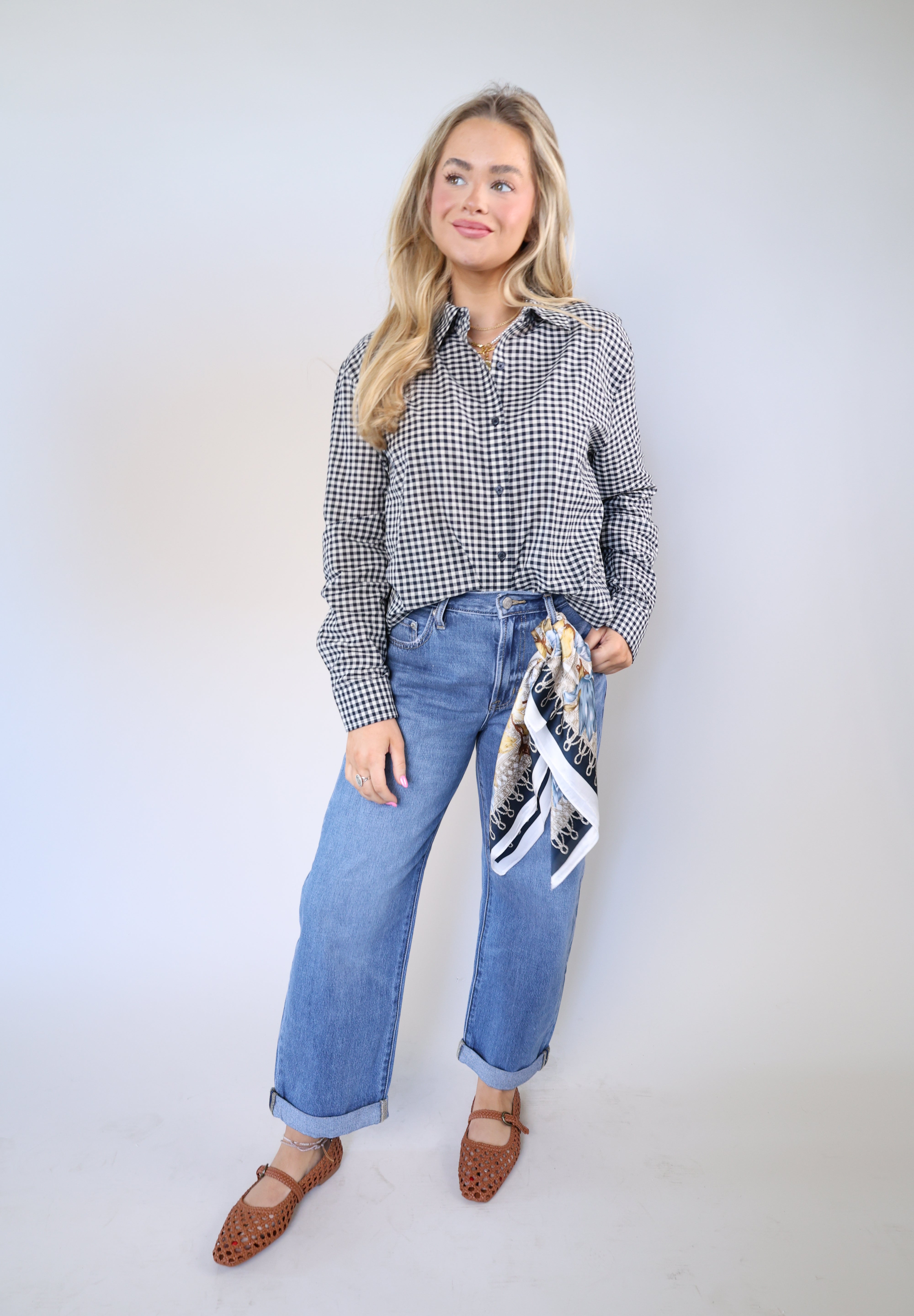 Classic gingham button-up top made from 100% cotton poplin with a timeless, everyday silhouette
