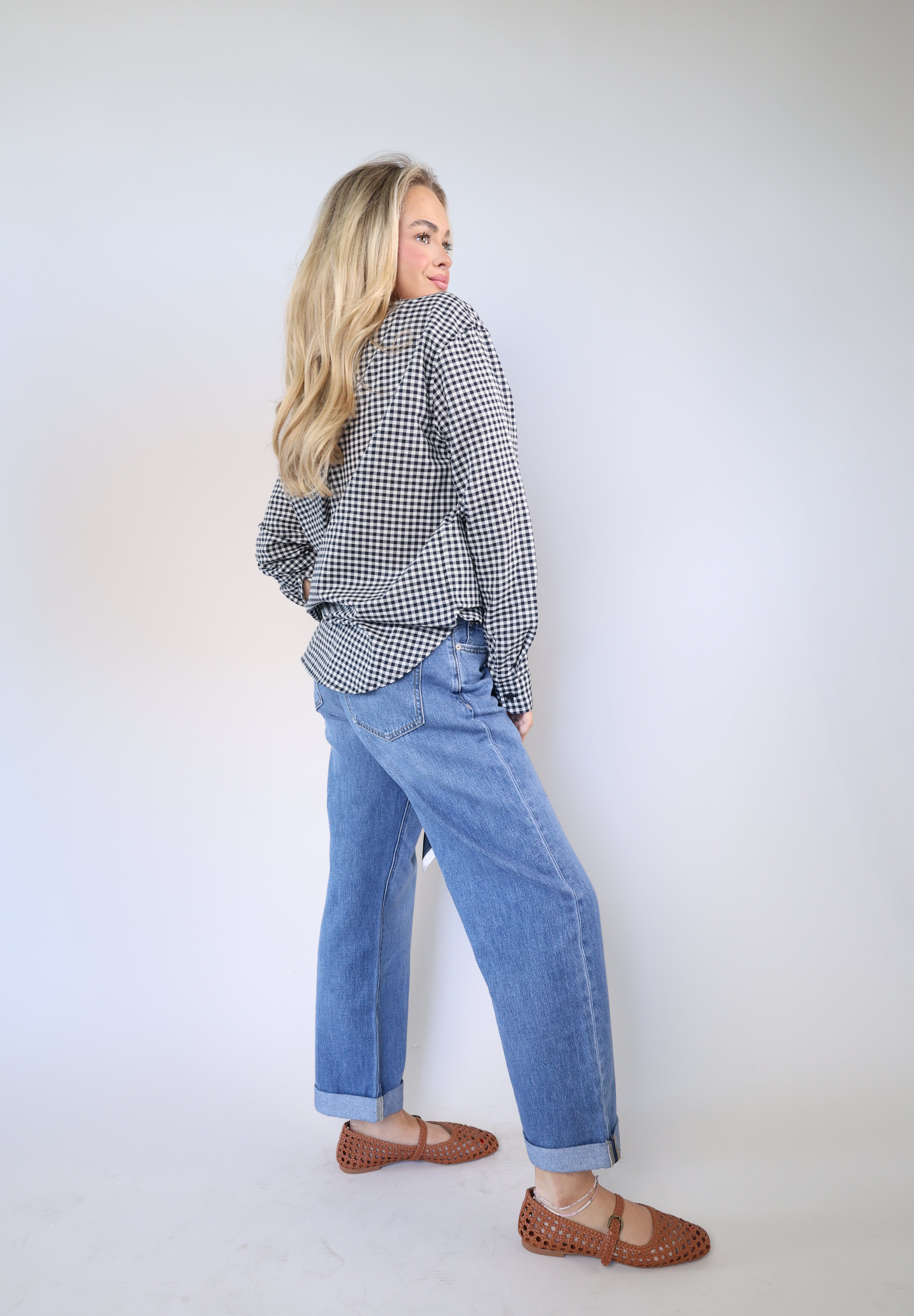Lightweight cotton gingham shirt with button-front design and polished, easy-to-layer style