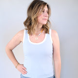 Women’s light blue ribbed scoop neck tank with white trim and bra-friendly wide straps
