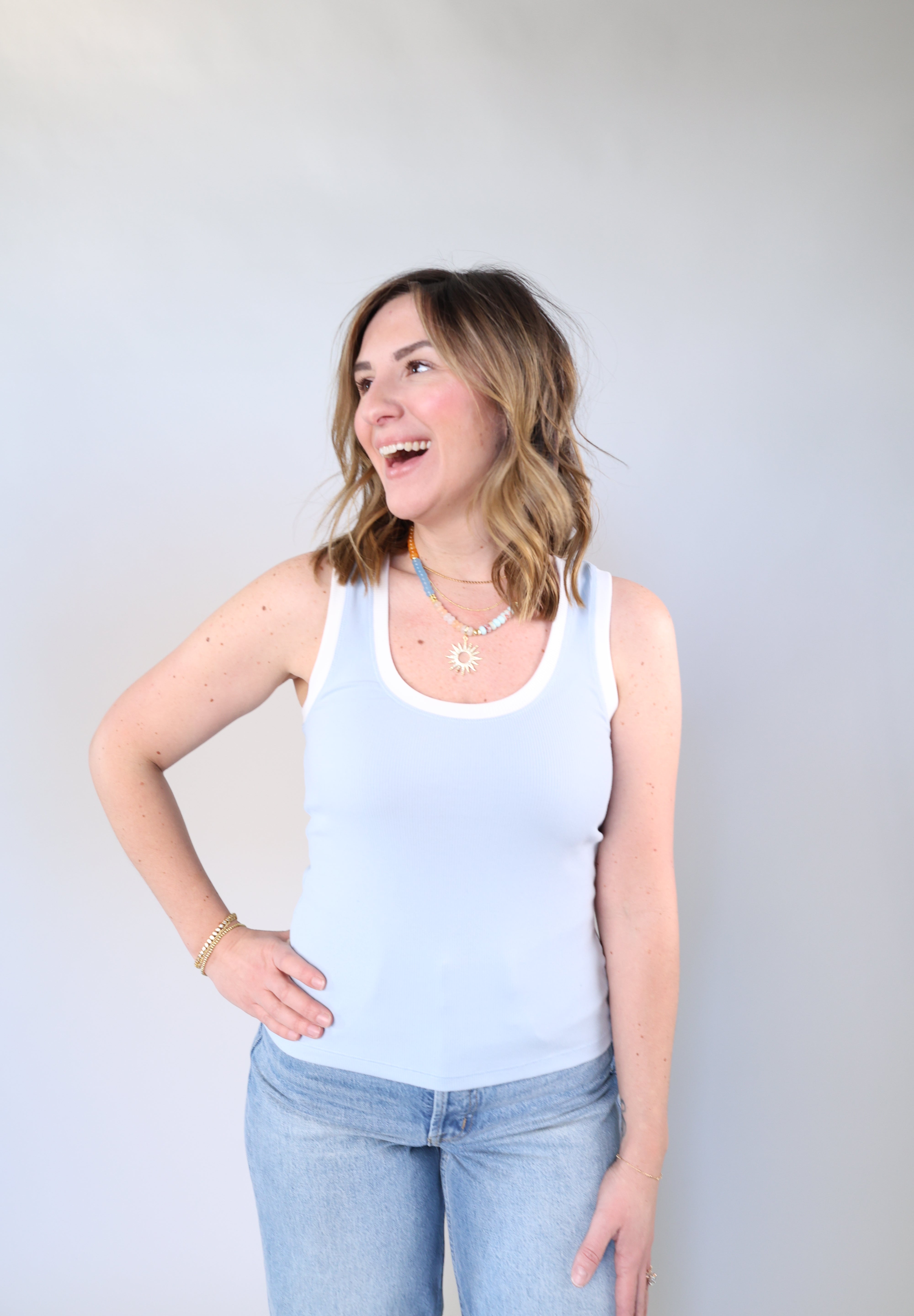 Sirena colorblocked tank in light blue with contrast white trim and ribbed cotton blend