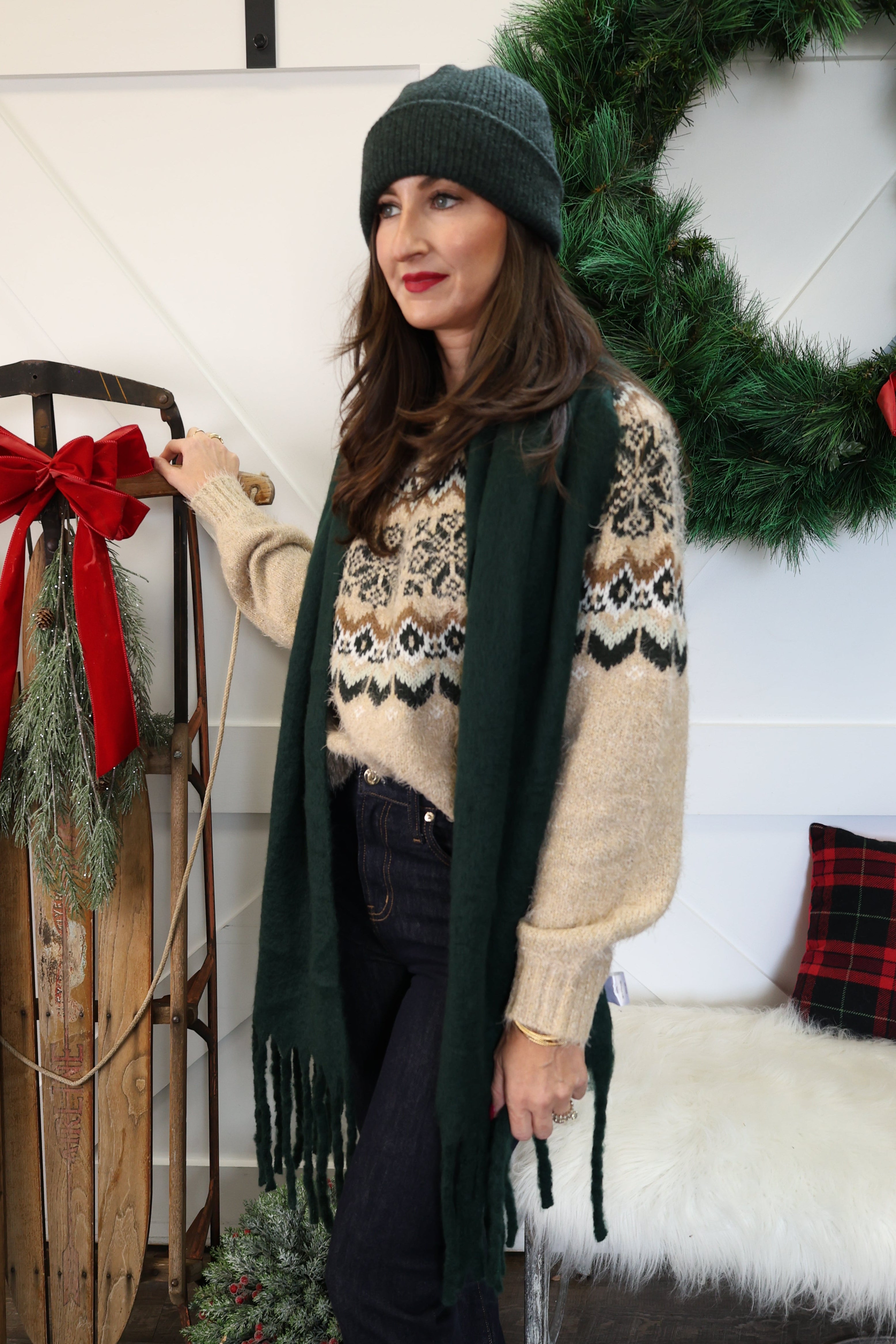 Green Z Supply Show Me The Way scarf showing plush texture and cozy oversized fit.