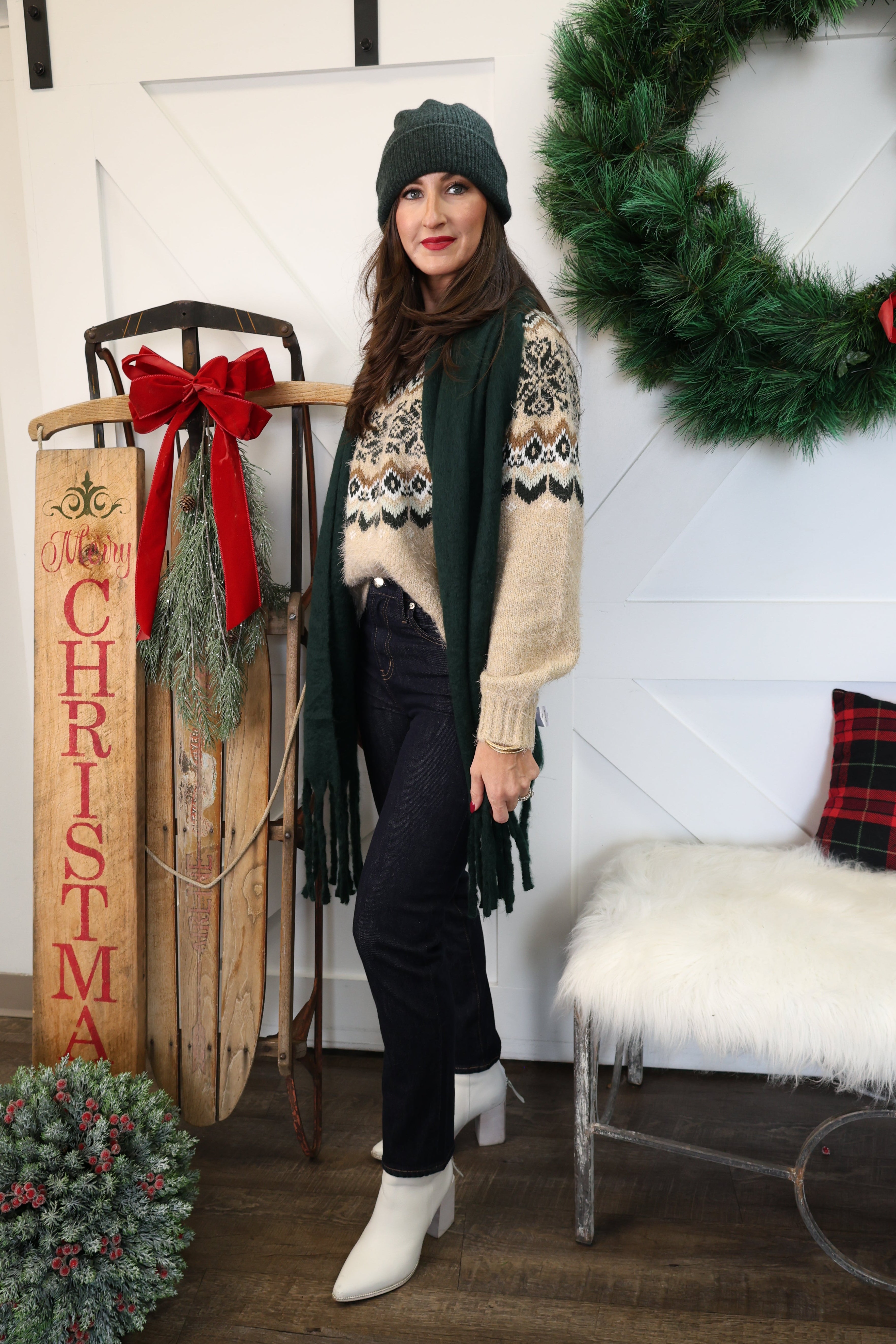 Model wearing oversized Z Supply Show Me The Way scarf in green, featuring a soft, warm knit perfect for layering.