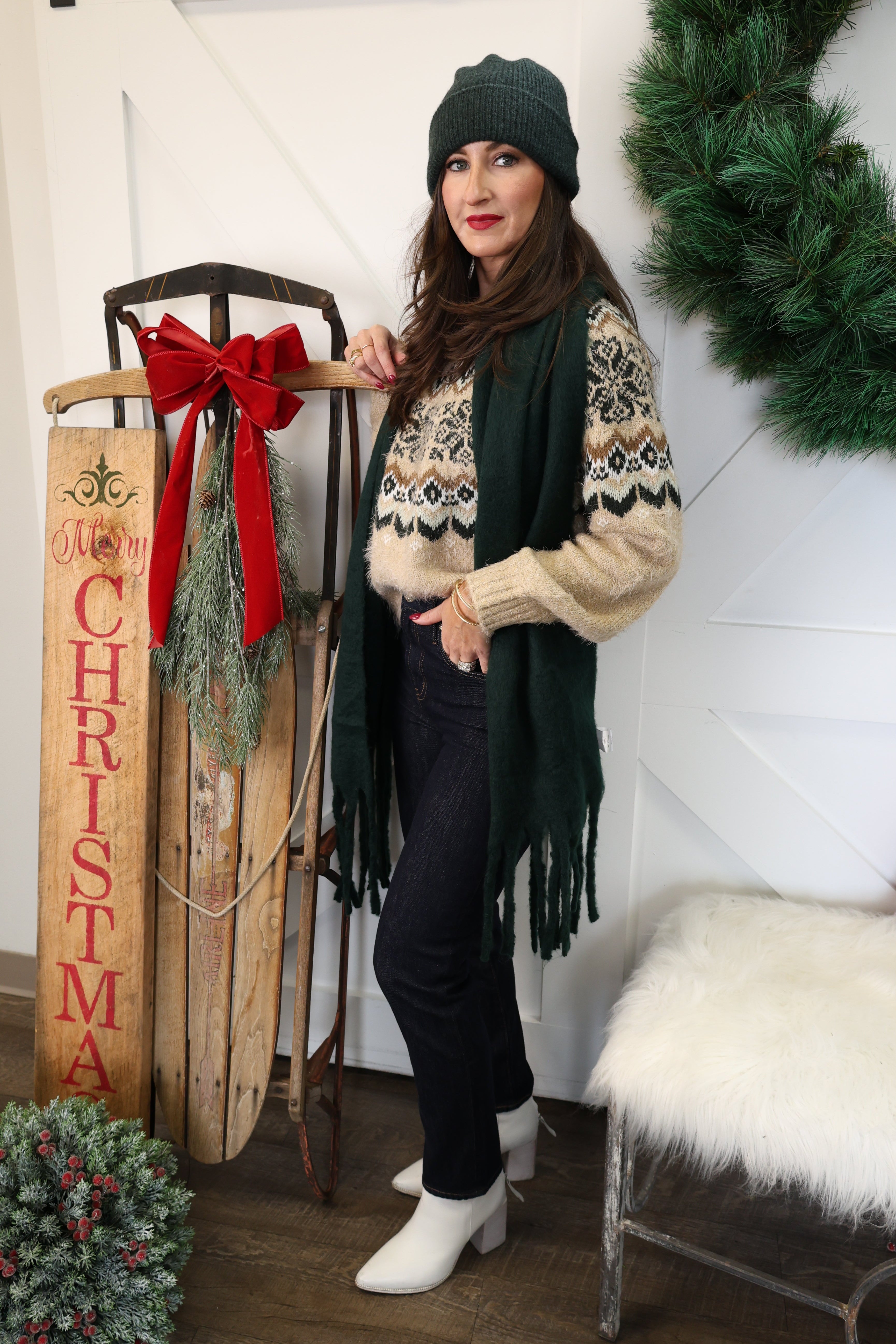 Z Supply Kenaby Fair Isle crewneck sweater in oatmeal color, emphasizing cozy knit and classic winter style.