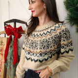 Z Supply Kenaby Fair Isle sweater displayed on hanger, highlighting crew neck and soft oatmeal knit fabric.