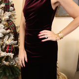 Sleeveless deep wine satin Steve Madden Mo dress with elegant maxi-length drape.