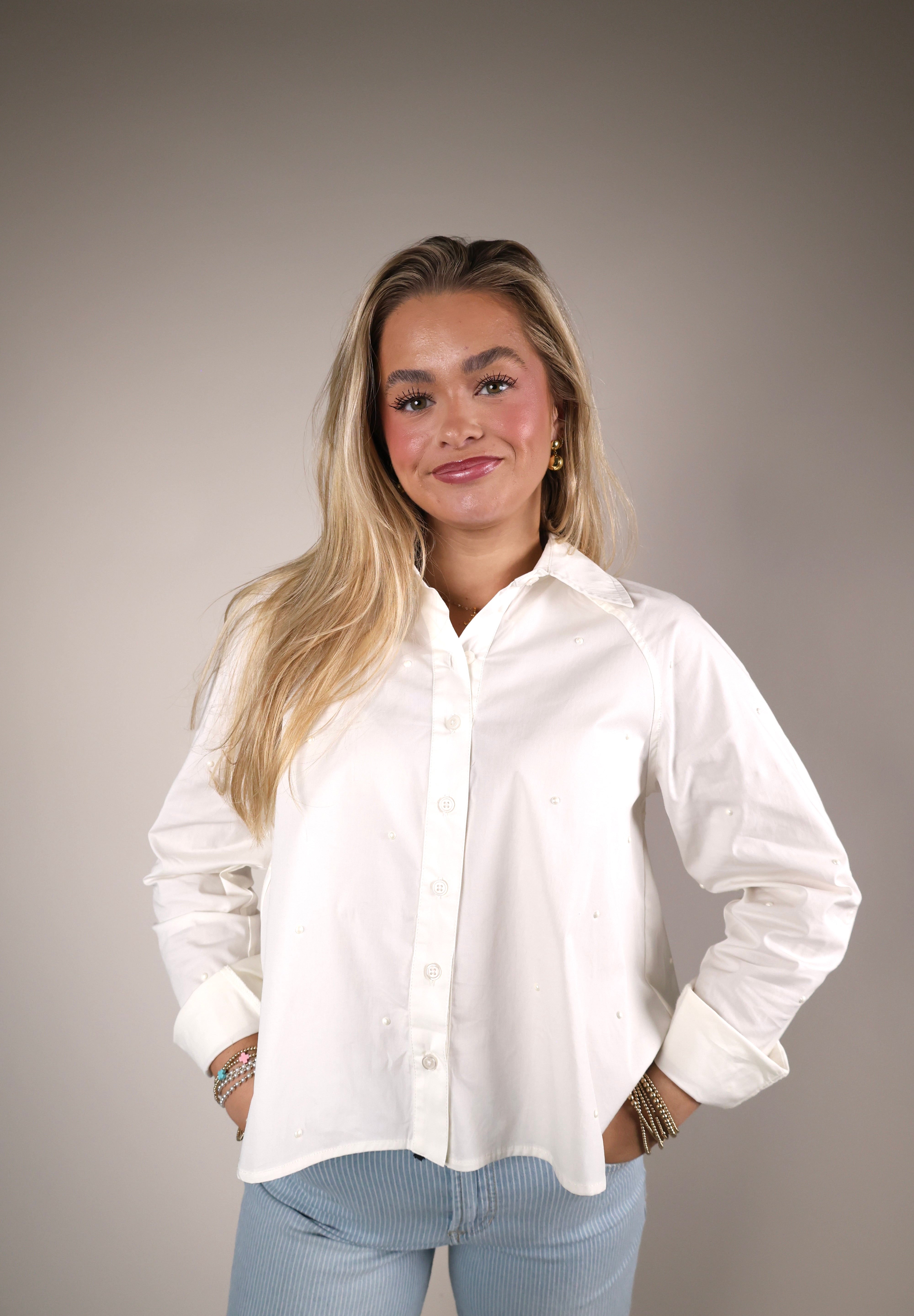 Shear Boutique pearl button up shirt spring 2026 white blouse relaxed fit elevated everyday top