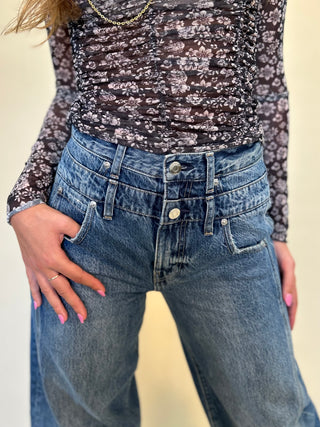 close up detail photo of Caleb High Rise Relaxed Stacked Waist Jeans- waist button detail. Shear Boutique
