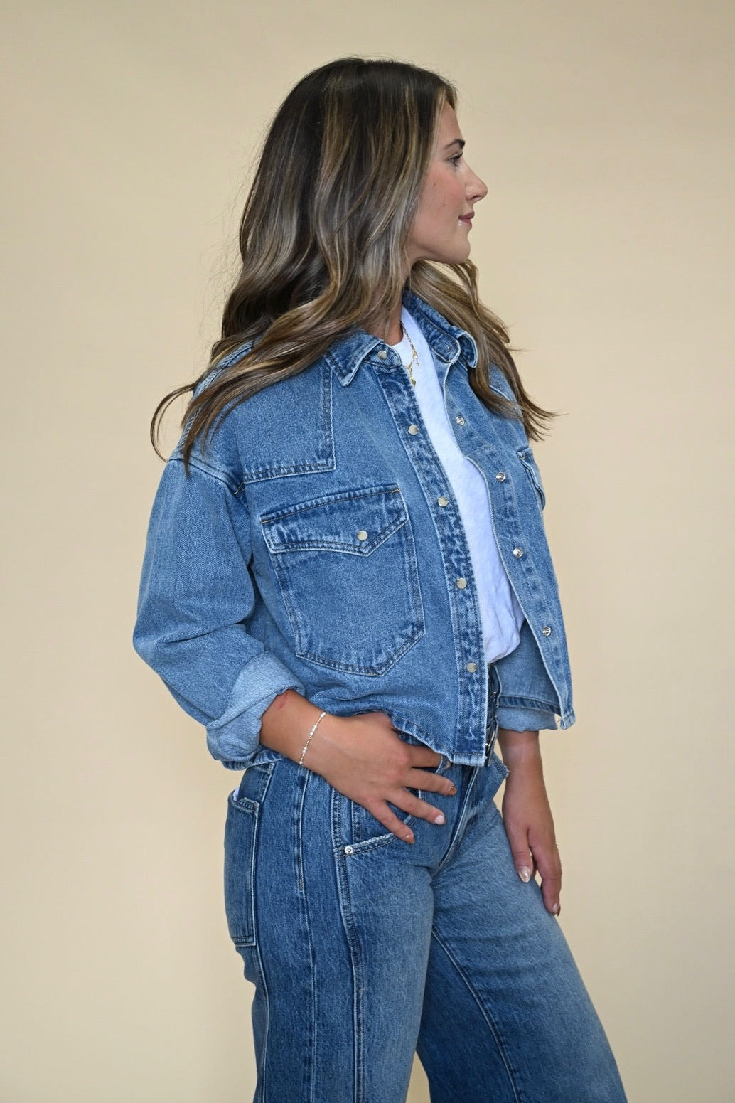 Steve Madden Rafi Top — structured silhouette with a straight hemline that can be worn as a jean jacket or classic top.