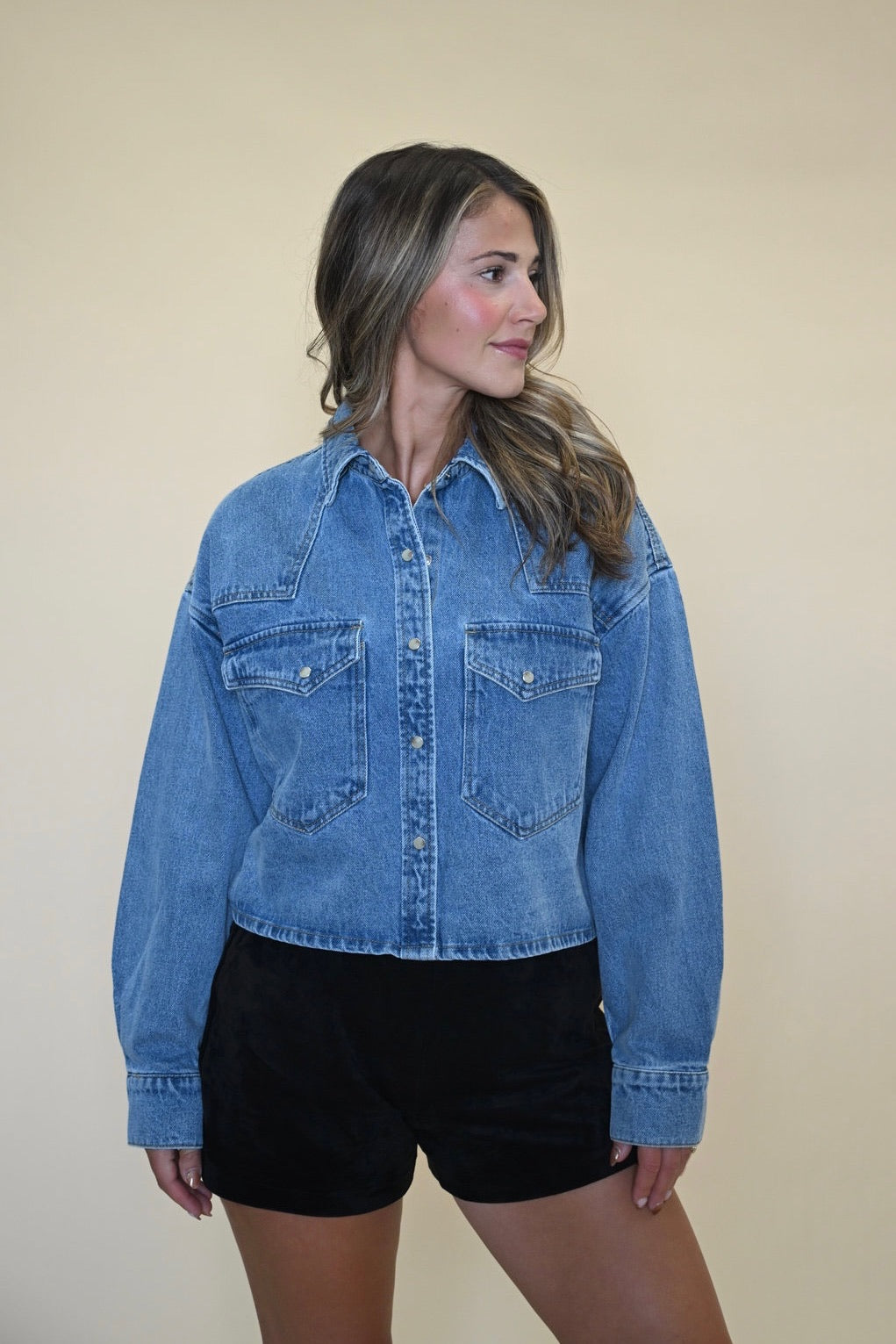 Women’s Steve Madden Rafi Denim Top featuring a tailored fit, straight hem, and versatile design that doubles as a jacket.