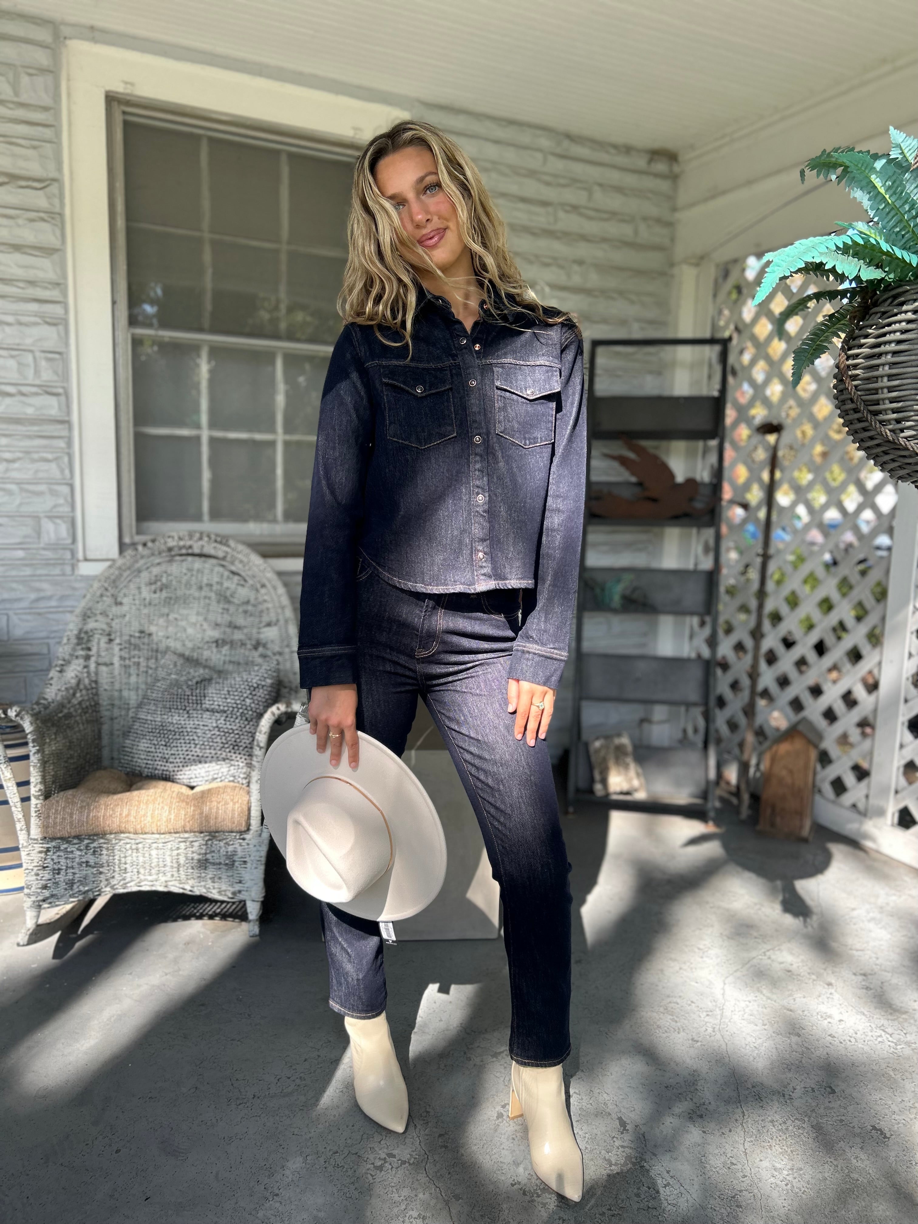Classic Thea Denim Button-Up with polished detailing — perfect from work to weekend layering.