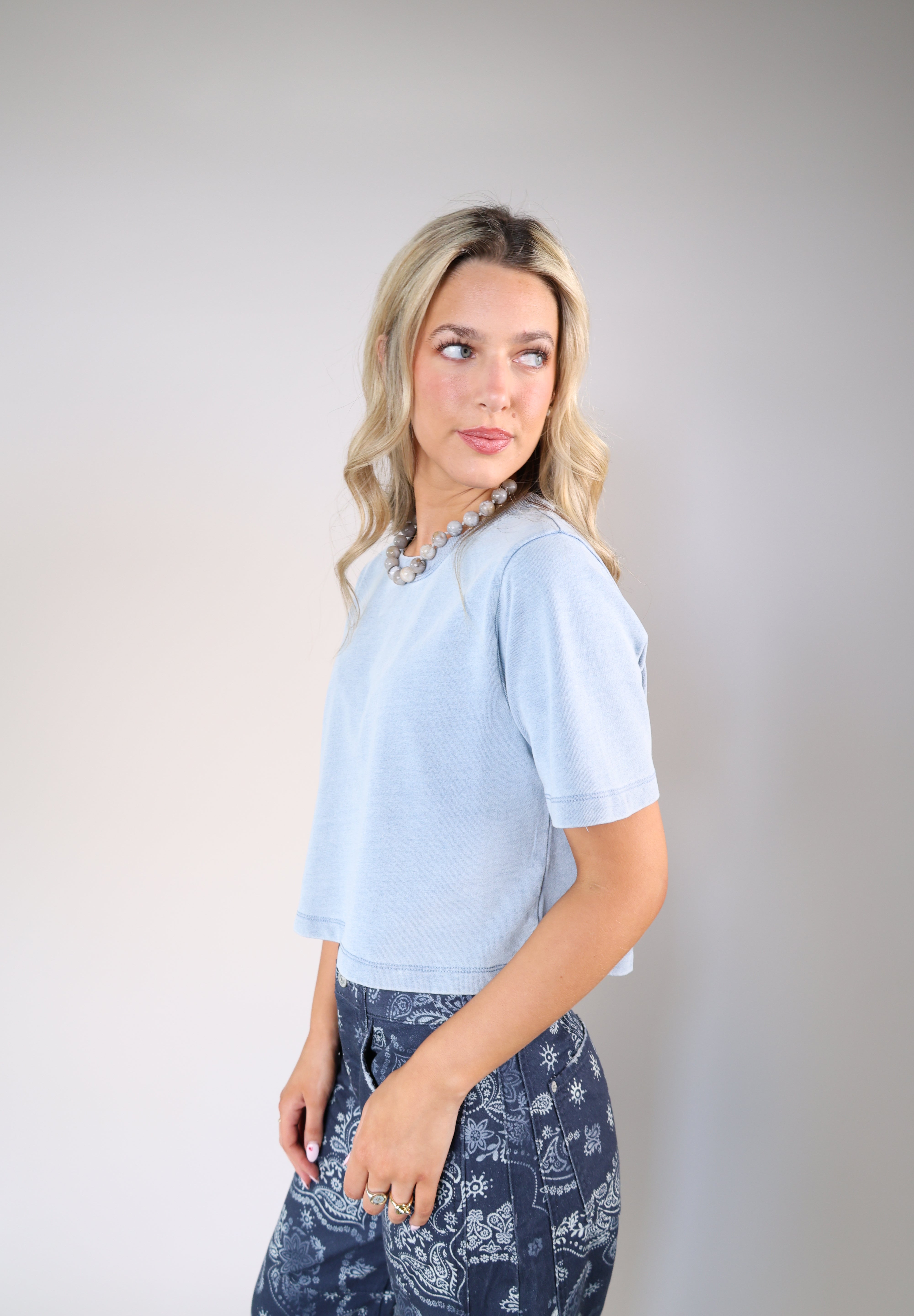 Z Supply cropped knit denim sweatshirt in vintage-inspired blue with relaxed silhouette.