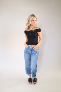 Z Supply Second Skin Off Shoulder Top in black with sleek fitted silhouette and fold-over neckline detail.
