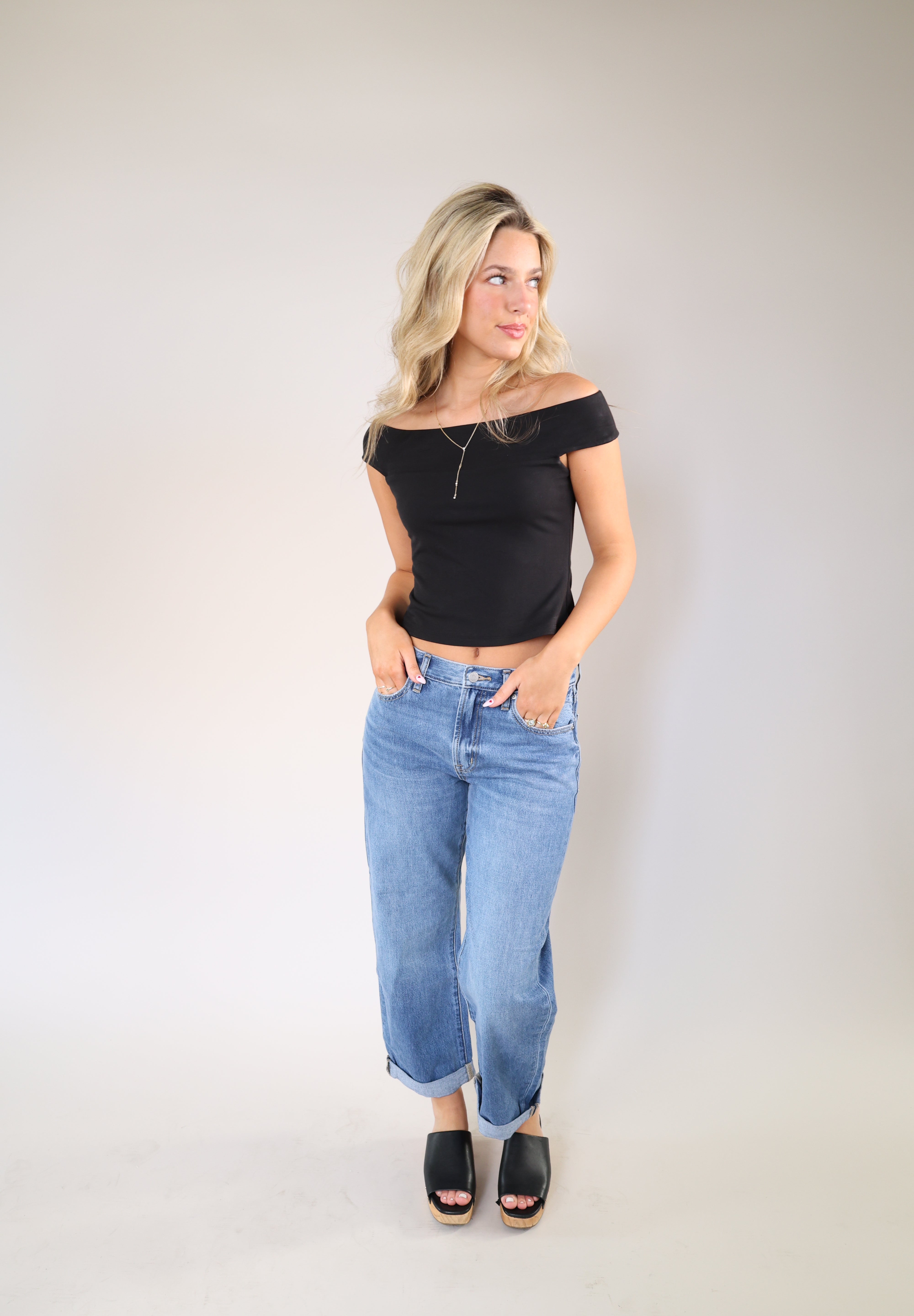 Z Supply Second Skin Off Shoulder Top in black with sleek fitted silhouette and fold-over neckline detail.