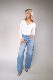 Free People Jamie Henley in white featuring ribbed knit fabric and classic button-front placket detail.