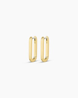Gorjana Parker Huggies — sleek 18k gold or silver-plated earrings with a ⅞” drop, surgical steel post, and hinge closure for a modern, versatile look.