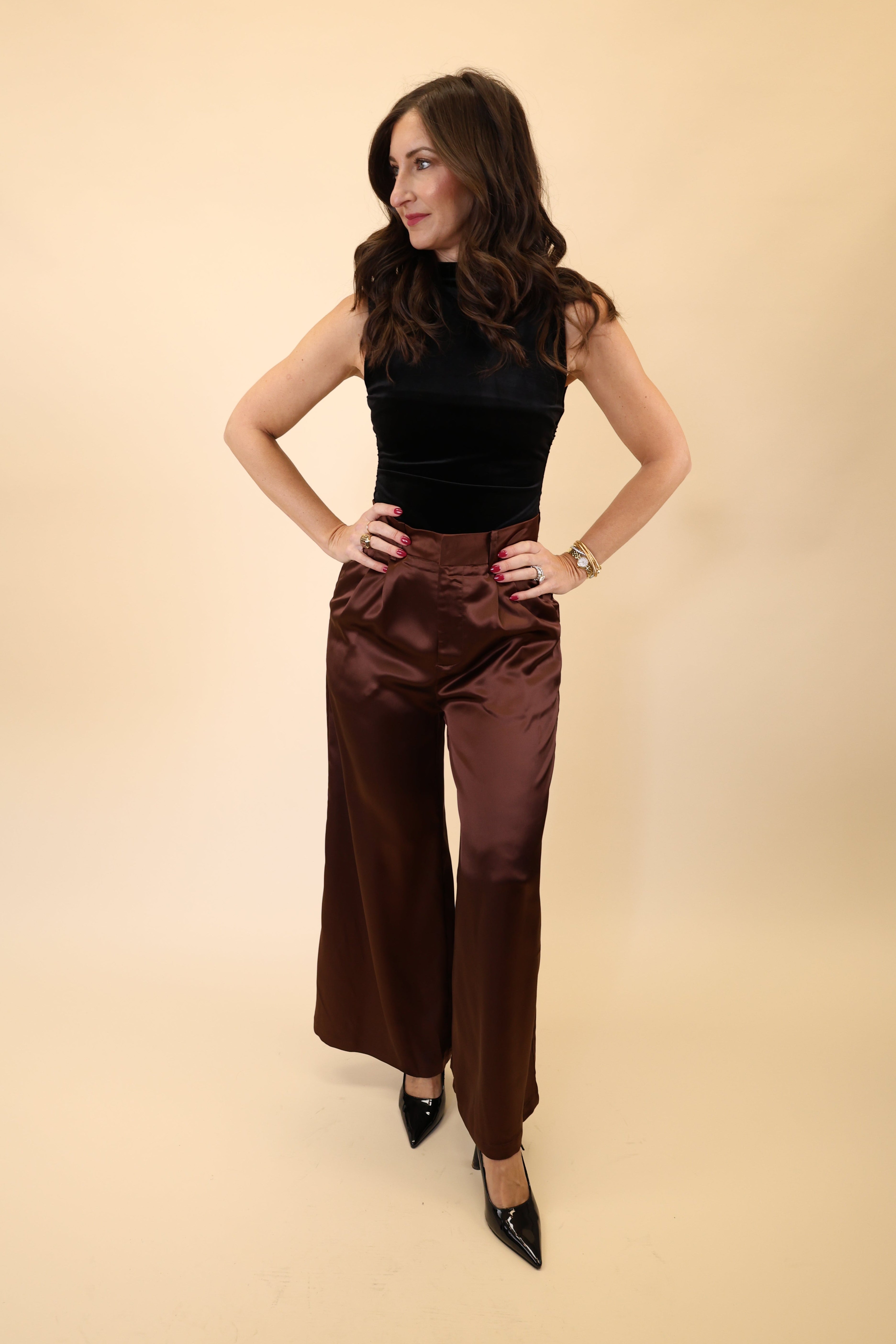 DeLuc Otto Pants in silky brown fabric with a high-waisted, wide-leg silhouette.