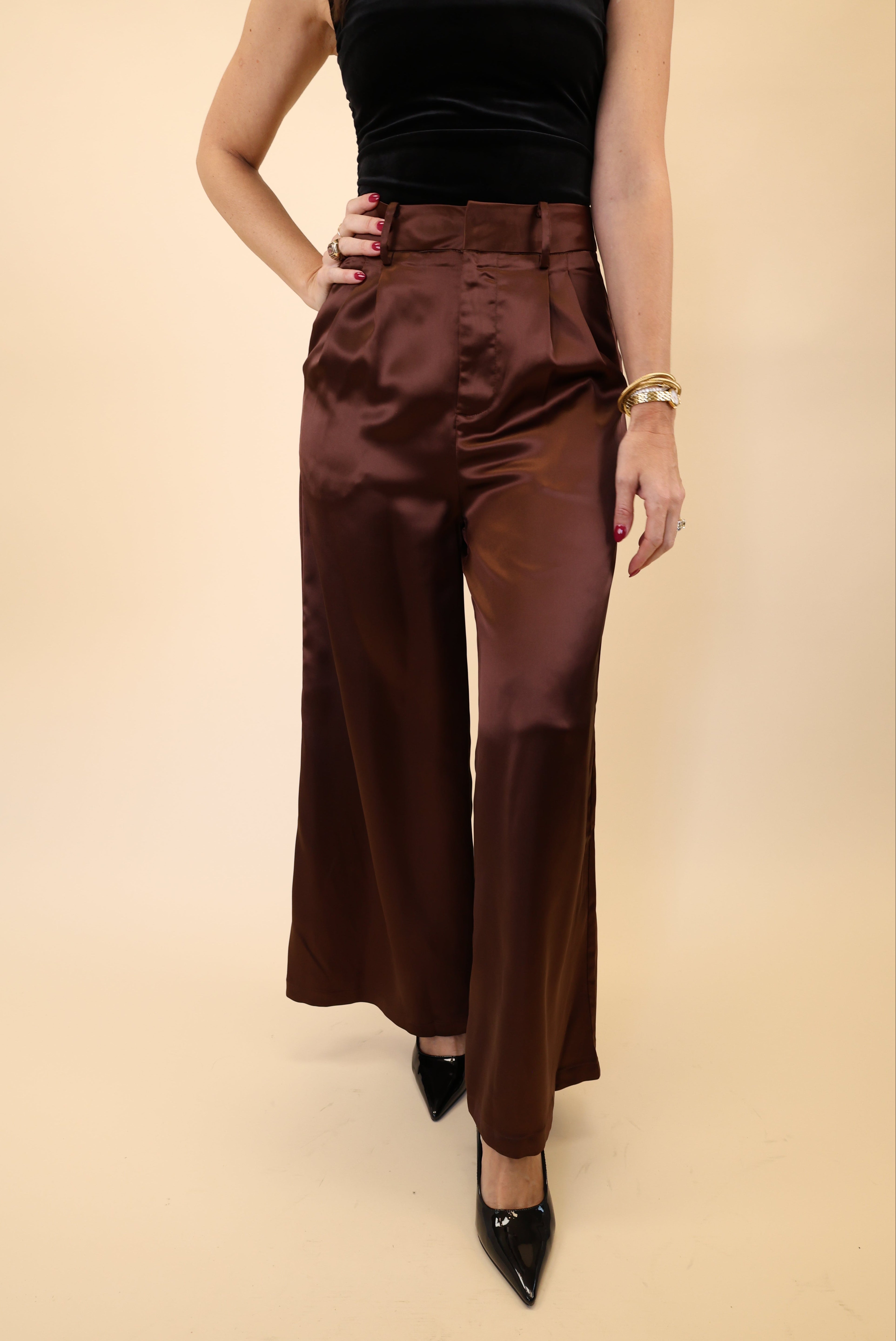 DeLuc Otto wide-leg pants in smooth brown fabric with a high-rise fit.