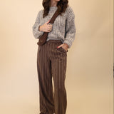 Z Supply Alma pant featuring a flowing wide-leg silhouette and classic brown-and-white pinstripes.