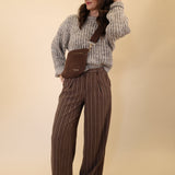 Z Supply pinstripe wide-leg pant in brown with subtle white stripes.