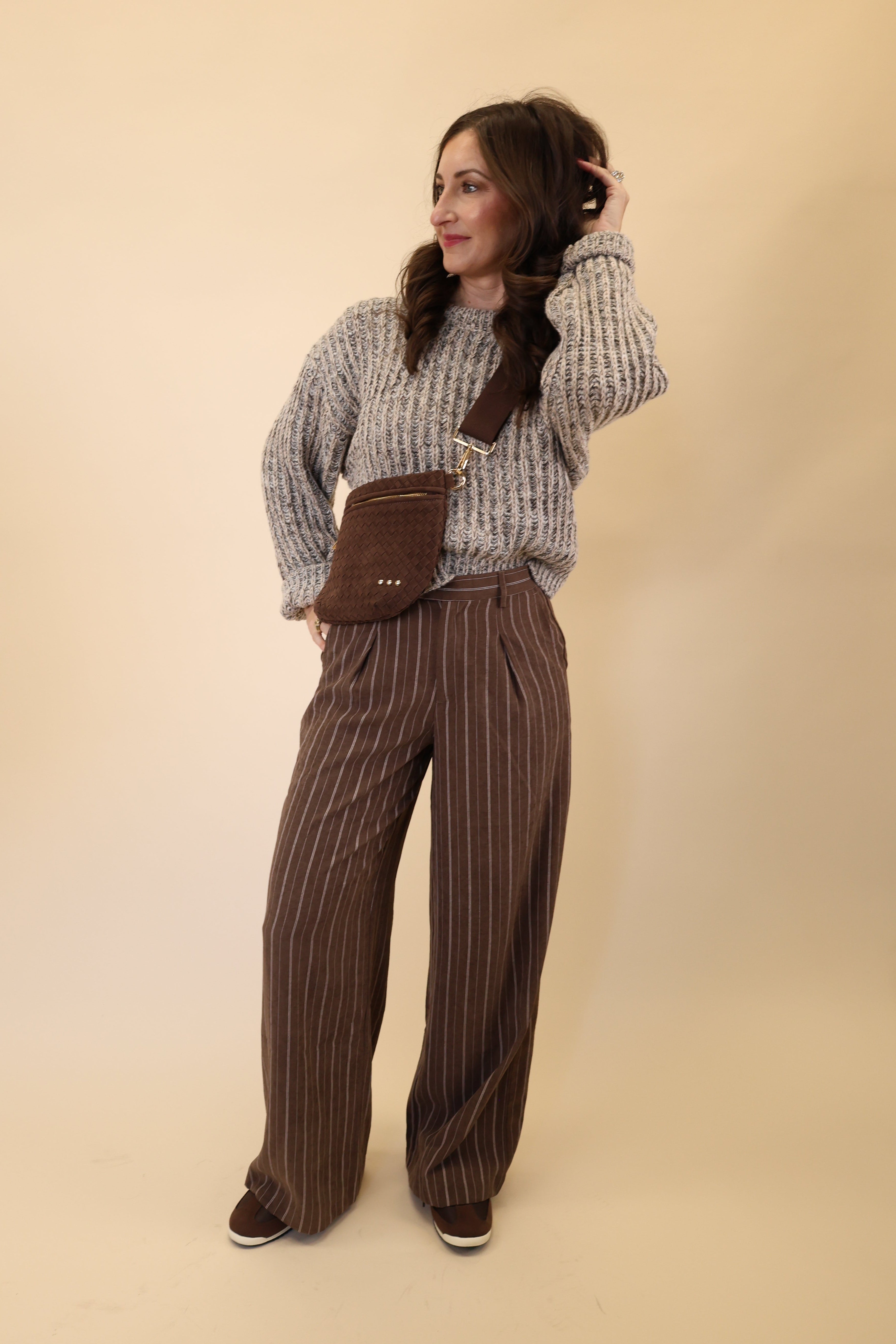 Z Supply pinstripe wide-leg pant in brown with subtle white stripes.
