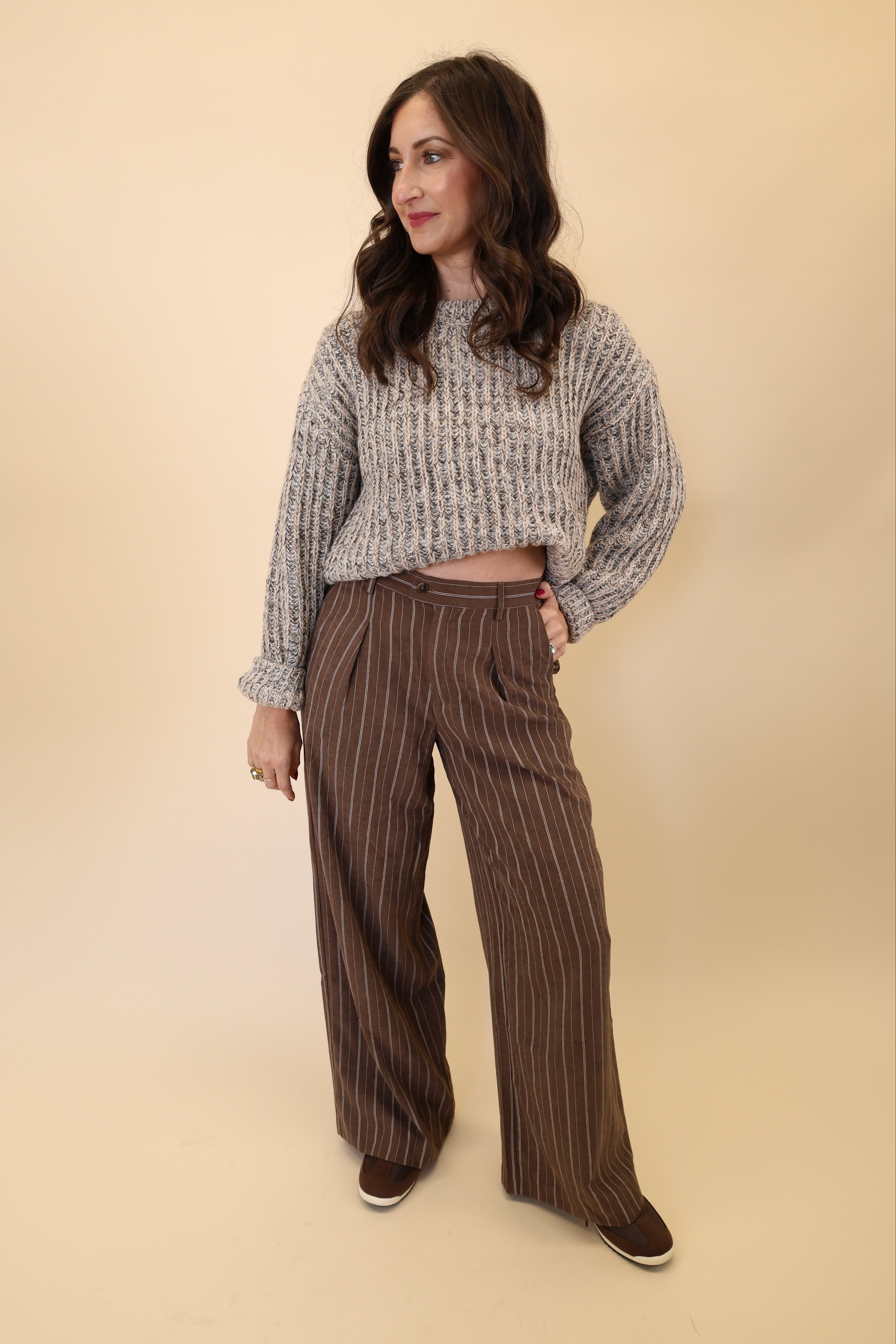 Comfortable brown wide-leg pants with white vertical pinstripes by Z Supply.