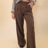 Z Supply Alma Wide Leg Pant in brown with thin white pinstripes.