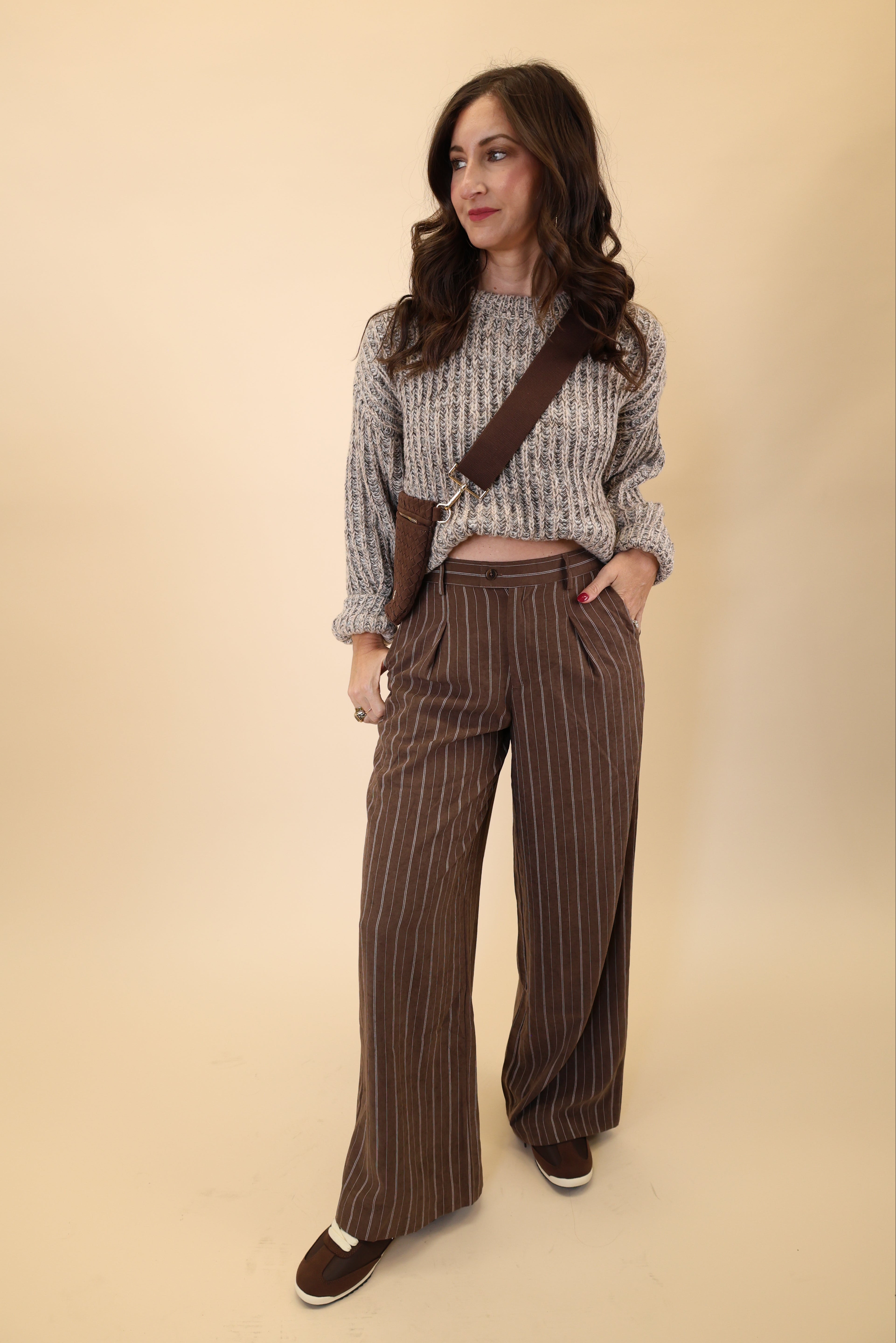 Brown wide-leg pants featuring a white pinstripe pattern from Z Supply.