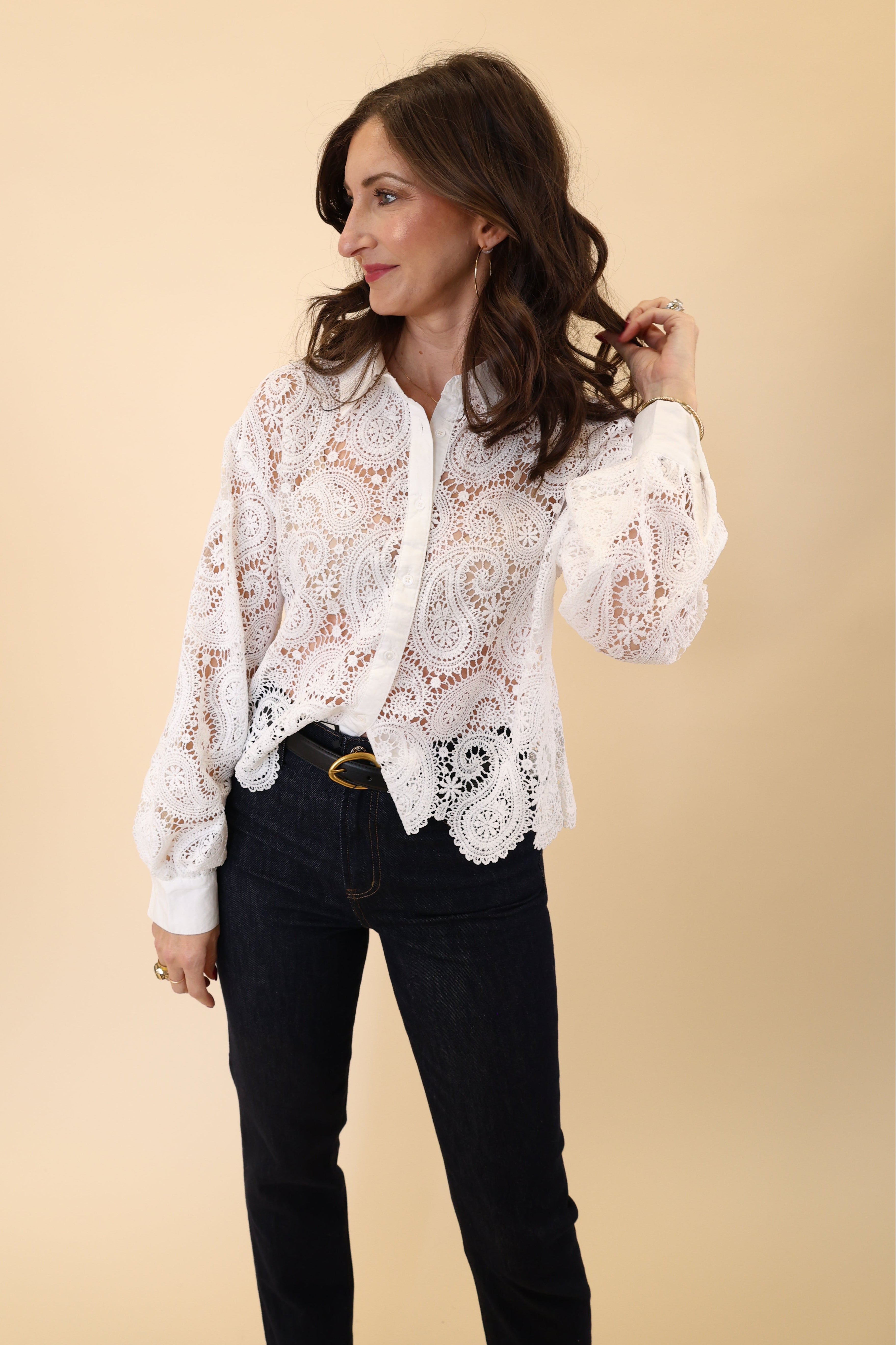 White Dear John Suzette Lace Top featuring a cropped silhouette and delicate eyelet detailing.