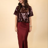 Steve Madden Jeannie skirt in vibrant red with a soft, silky texture and  maxi length. 