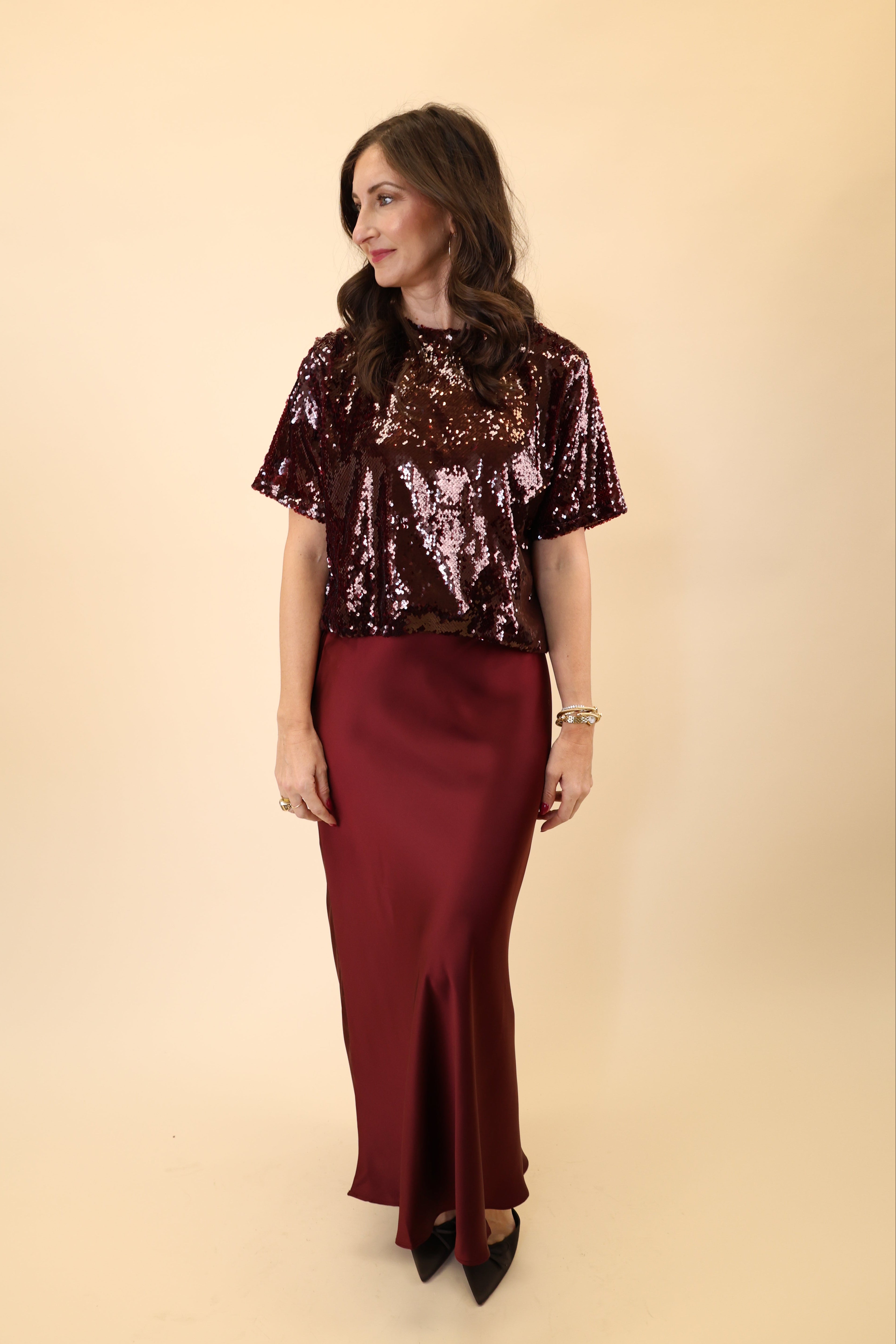 Steve Madden Jeannie skirt in vibrant red with a soft, silky texture and  maxi length. 