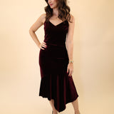 Steve Madden velvet Lucille Dress in deep burgundy with a classic midi silhouette.
